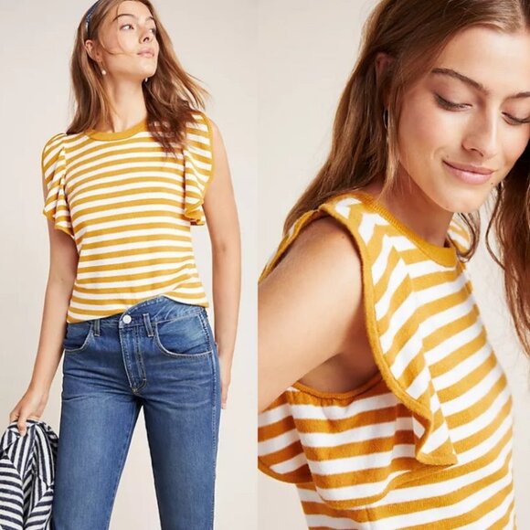 Anthropologie Jillian Flutter Sleeved‎ Top Size XS Stripe Ruffle Knit Bohemian - Picture 2 of 11